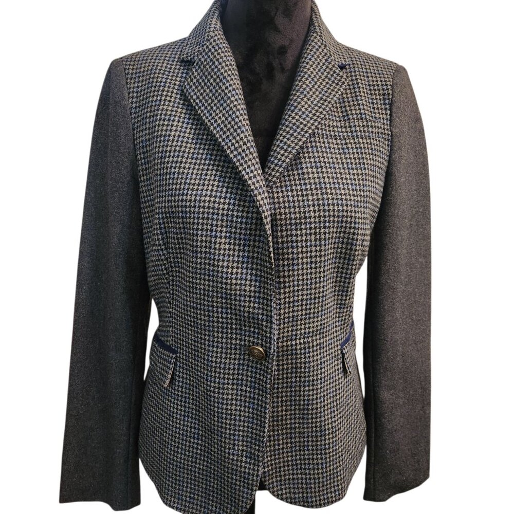 NWT Love Tree Wool Blend Houndstooth Blazer Medium Gray Elbow Patch Size L